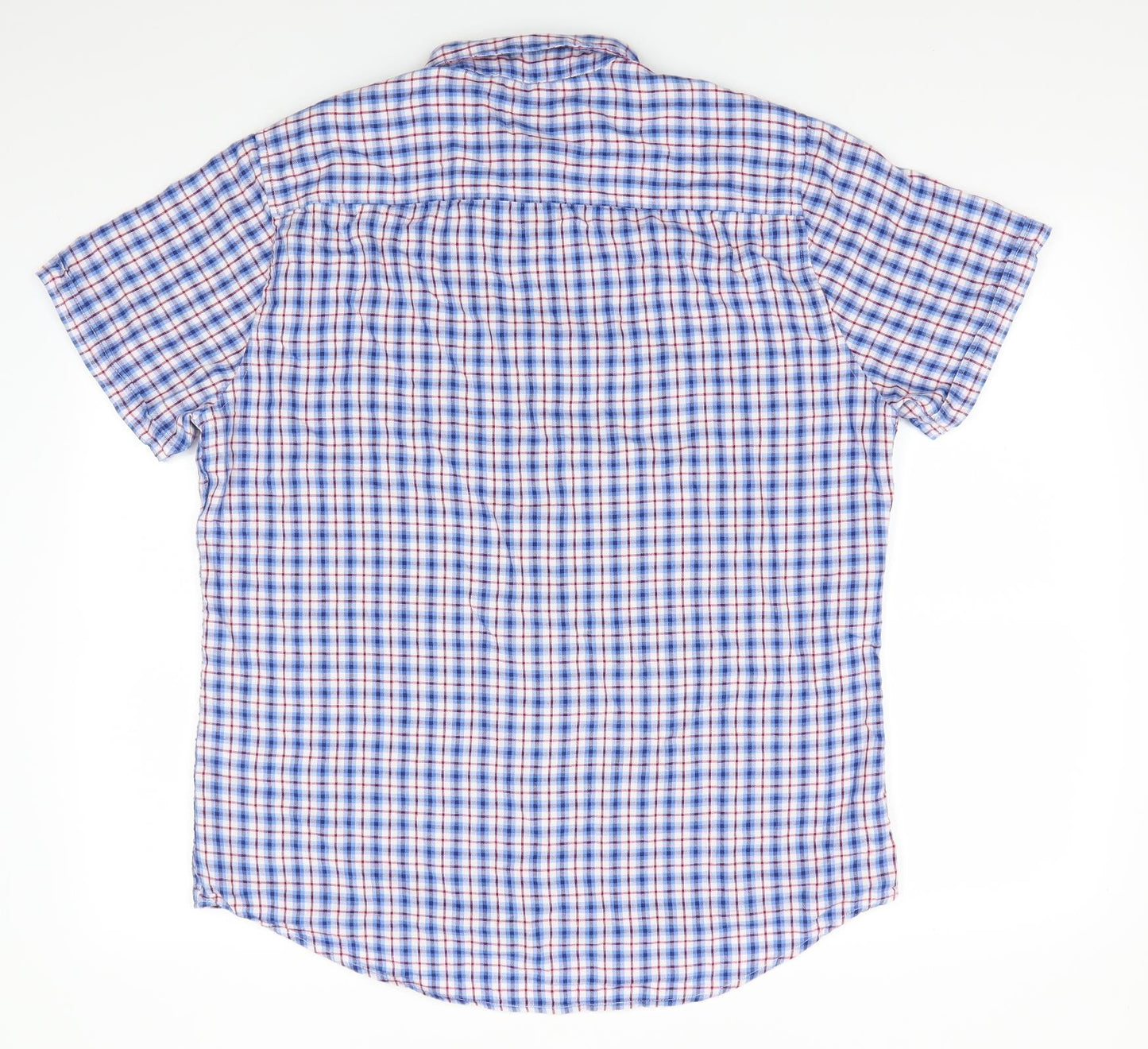 Florence and Fred Mens Blue Check Cotton  Button-Up Size L Collared Button - Buttoned Collar - Blue Red White check