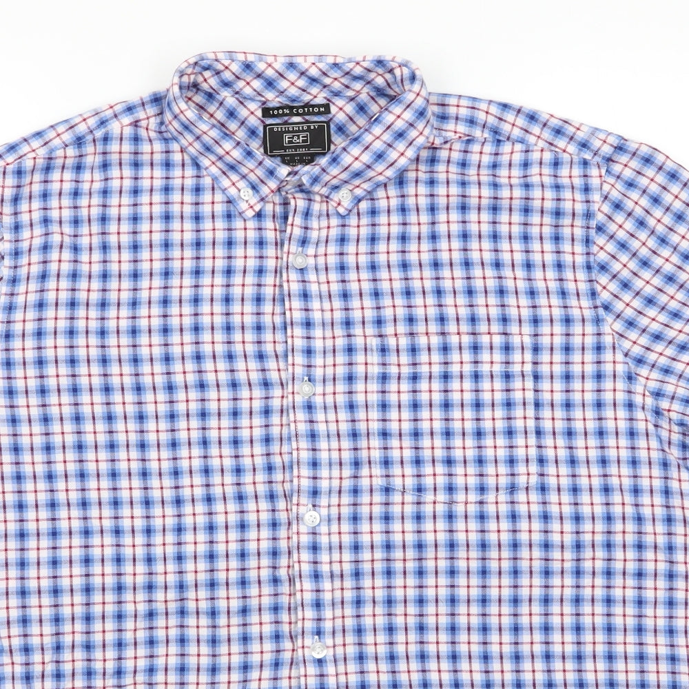 Florence and Fred Mens Blue Check Cotton  Button-Up Size L Collared Button - Buttoned Collar - Blue Red White check