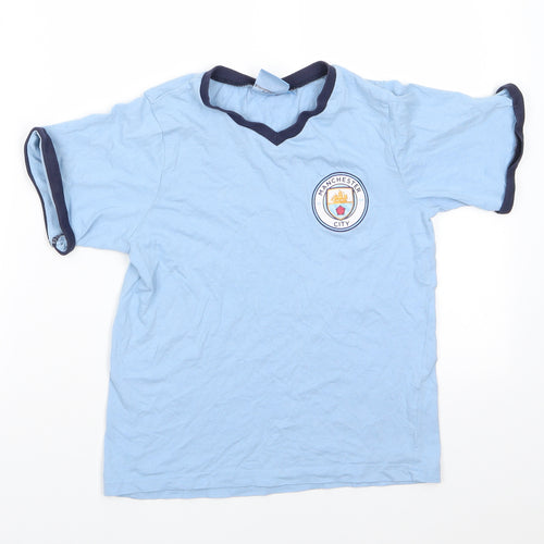 Manchester City FC Boys Blue  Cotton Ringer T-Shirt Size 9-10 Years V-Neck Pullover - Manchester City