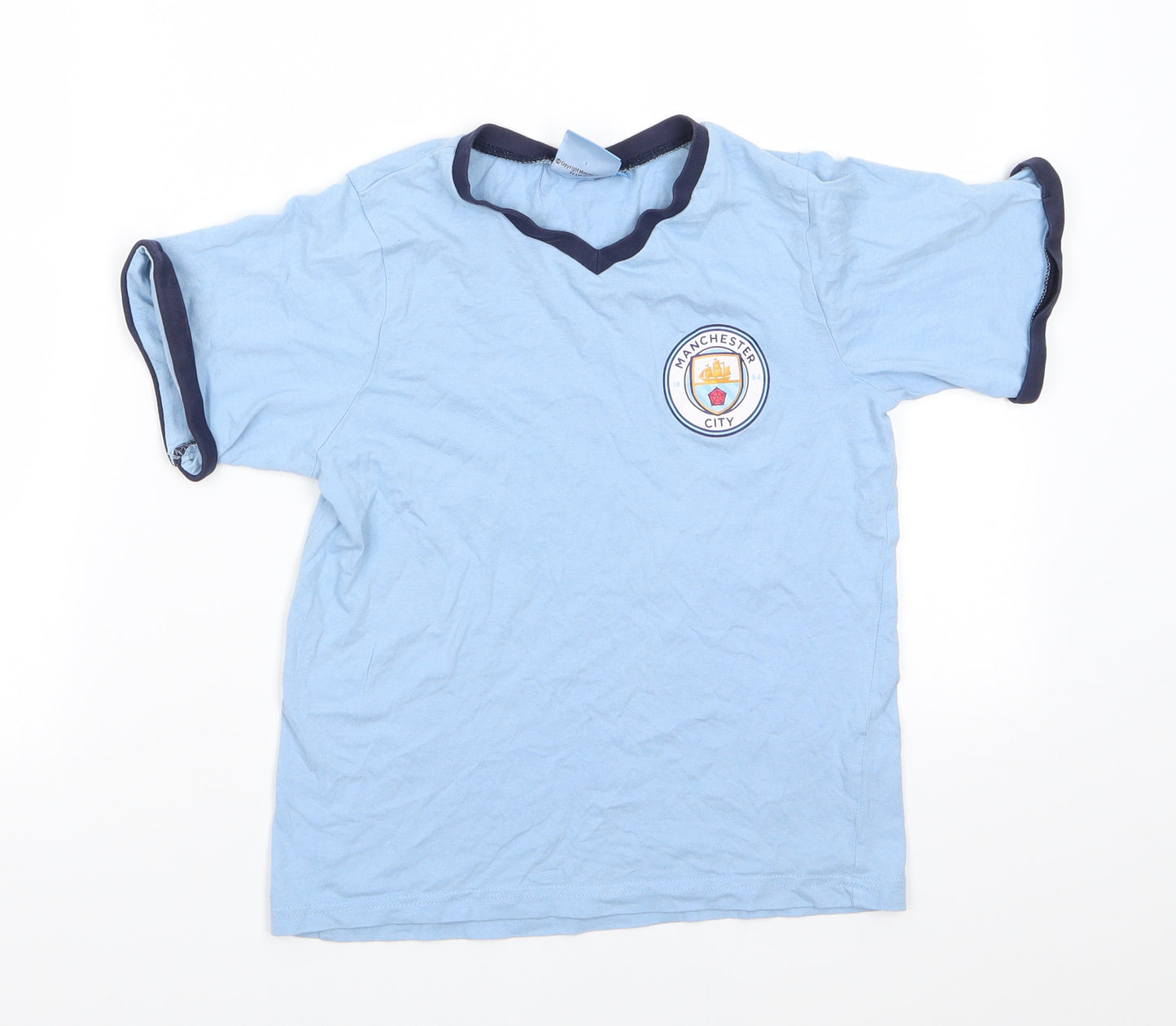 Manchester City FC Boys Blue  Cotton Ringer T-Shirt Size 9-10 Years V-Neck Pullover - Manchester City