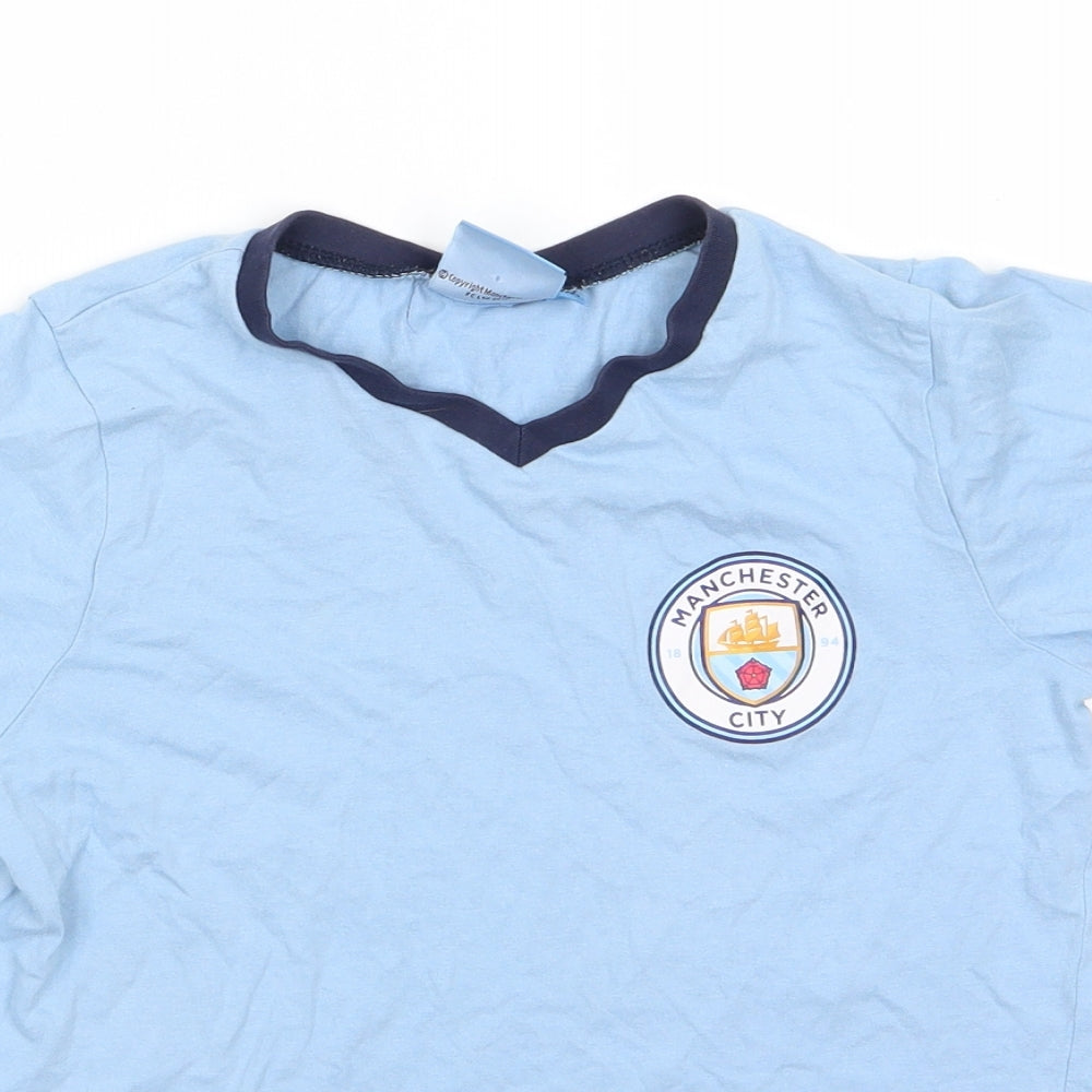 Manchester City FC Boys Blue  Cotton Ringer T-Shirt Size 9-10 Years V-Neck Pullover - Manchester City