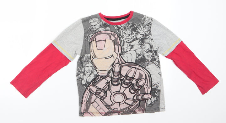 Avengers by George Boys Grey Solid Cotton  Pyjama Top Size 9-10 Years  Pullover - Faux Red Short Sleeves Character print