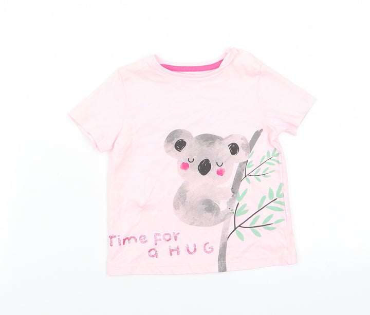 Fred & Flo Girls Pink Animal Print Cotton Basic T-Shirt Size 9-12 Months Round Neck Snap - Pale Pink Kuwala Time for a hug