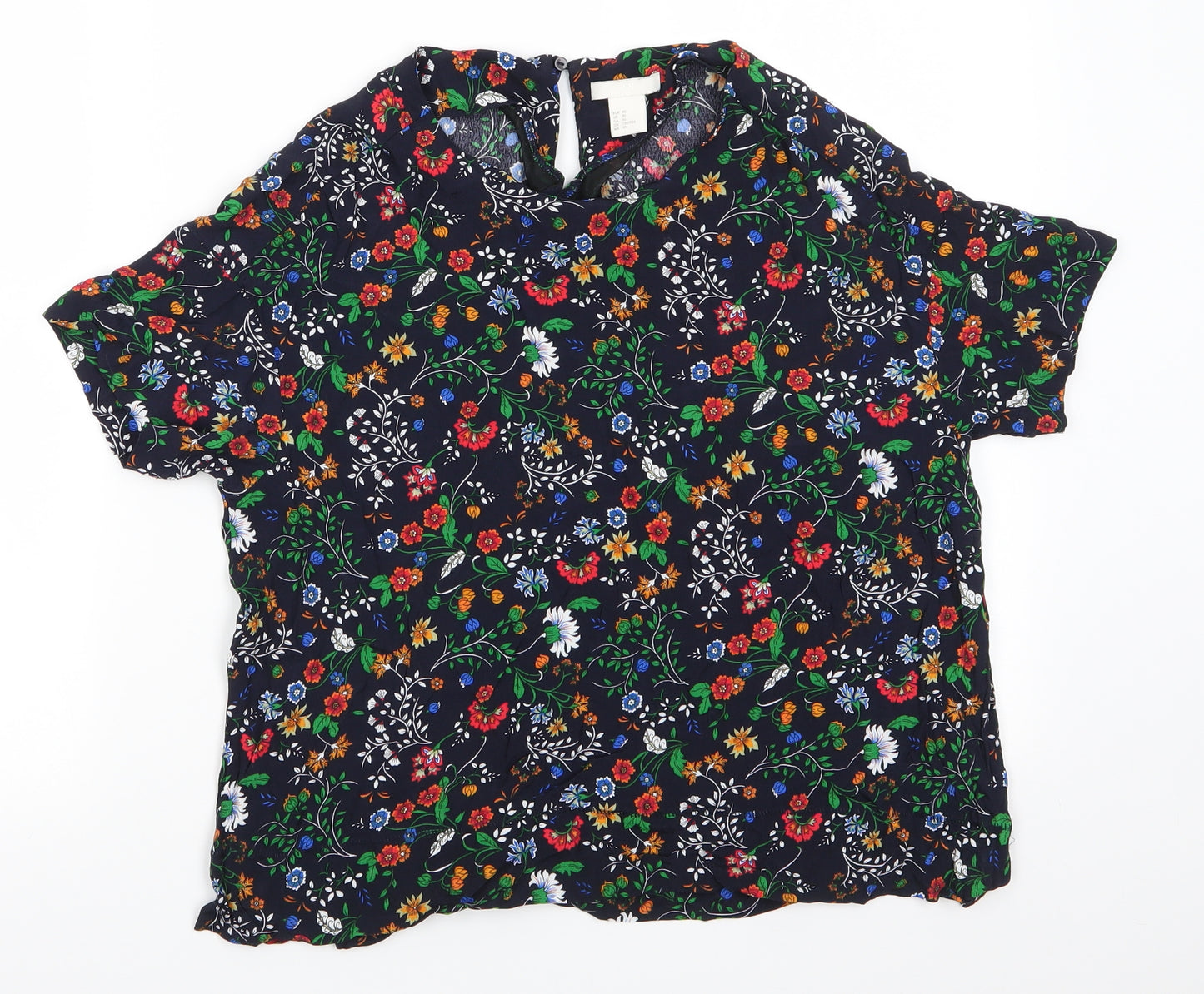 H&M Womens Blue Floral Viscose Basic Blouse Size 12 Round Neck - Back Button Single Fastening White Red Blue Orange flowers