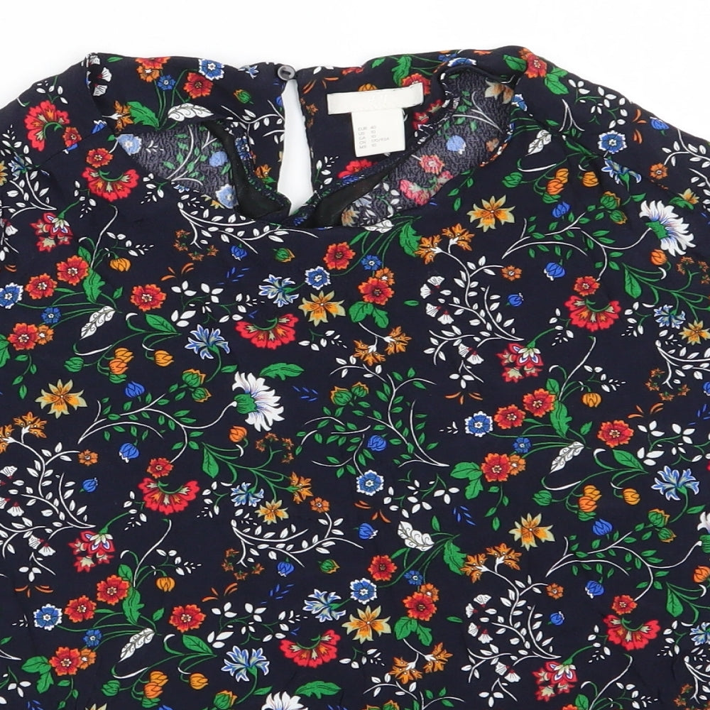 H&M Womens Blue Floral Viscose Basic Blouse Size 12 Round Neck - Back Button Single Fastening White Red Blue Orange flowers