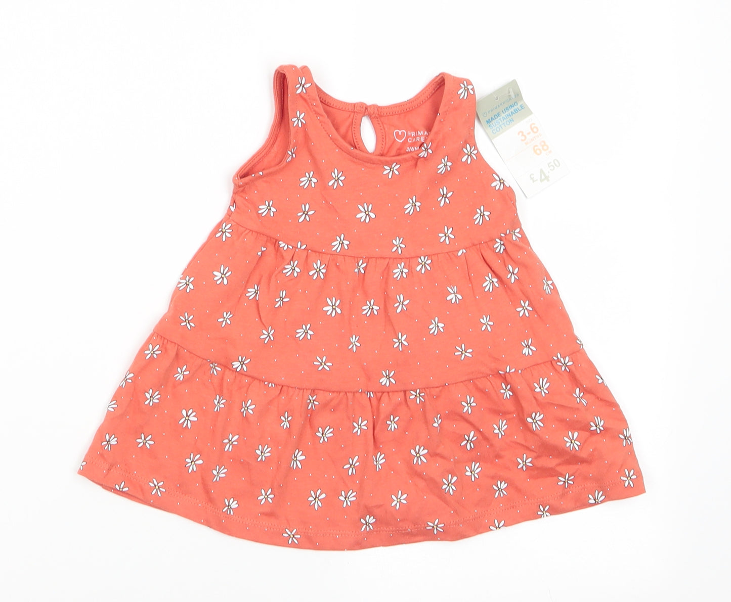 Primark Girls Orange Floral Cotton A-Line  Size 3-6 Months  Round Neck Button - Terracotta with Daisy Print
