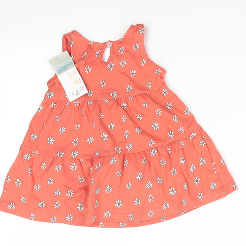 Primark Girls Orange Floral Cotton A-Line  Size 3-6 Months  Round Neck Button - Terracotta with Daisy Print