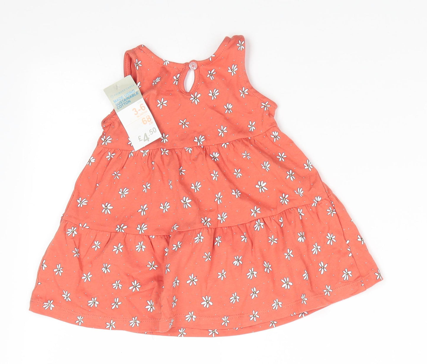 Primark Girls Orange Floral Cotton A-Line  Size 3-6 Months  Round Neck Button - Terracotta with Daisy Print