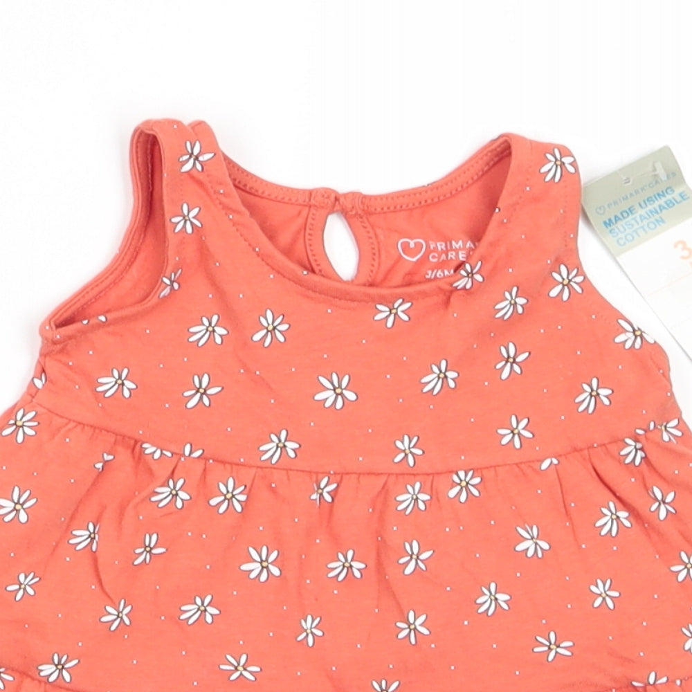 Primark Girls Orange Floral Cotton A-Line  Size 3-6 Months  Round Neck Button - Terracotta with Daisy Print