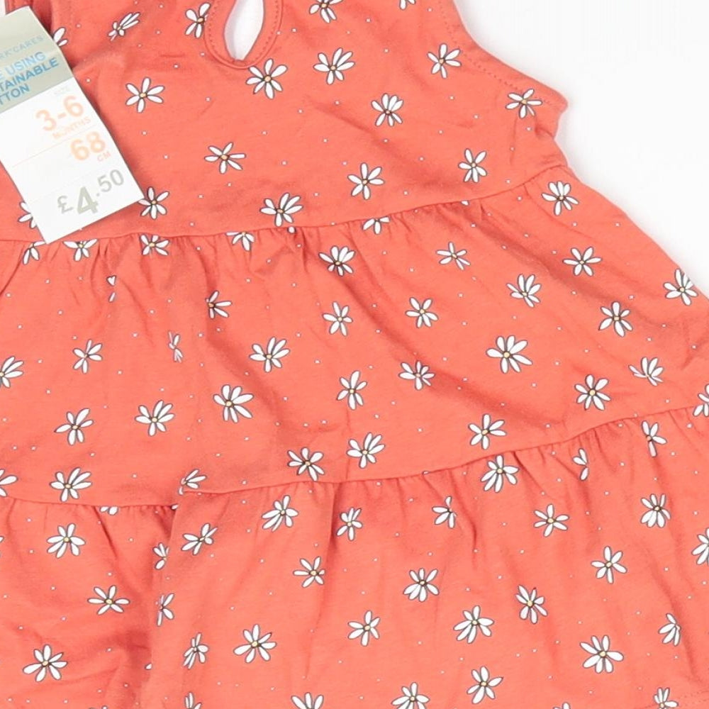 Primark Girls Orange Floral Cotton A-Line  Size 3-6 Months  Round Neck Button - Terracotta with Daisy Print