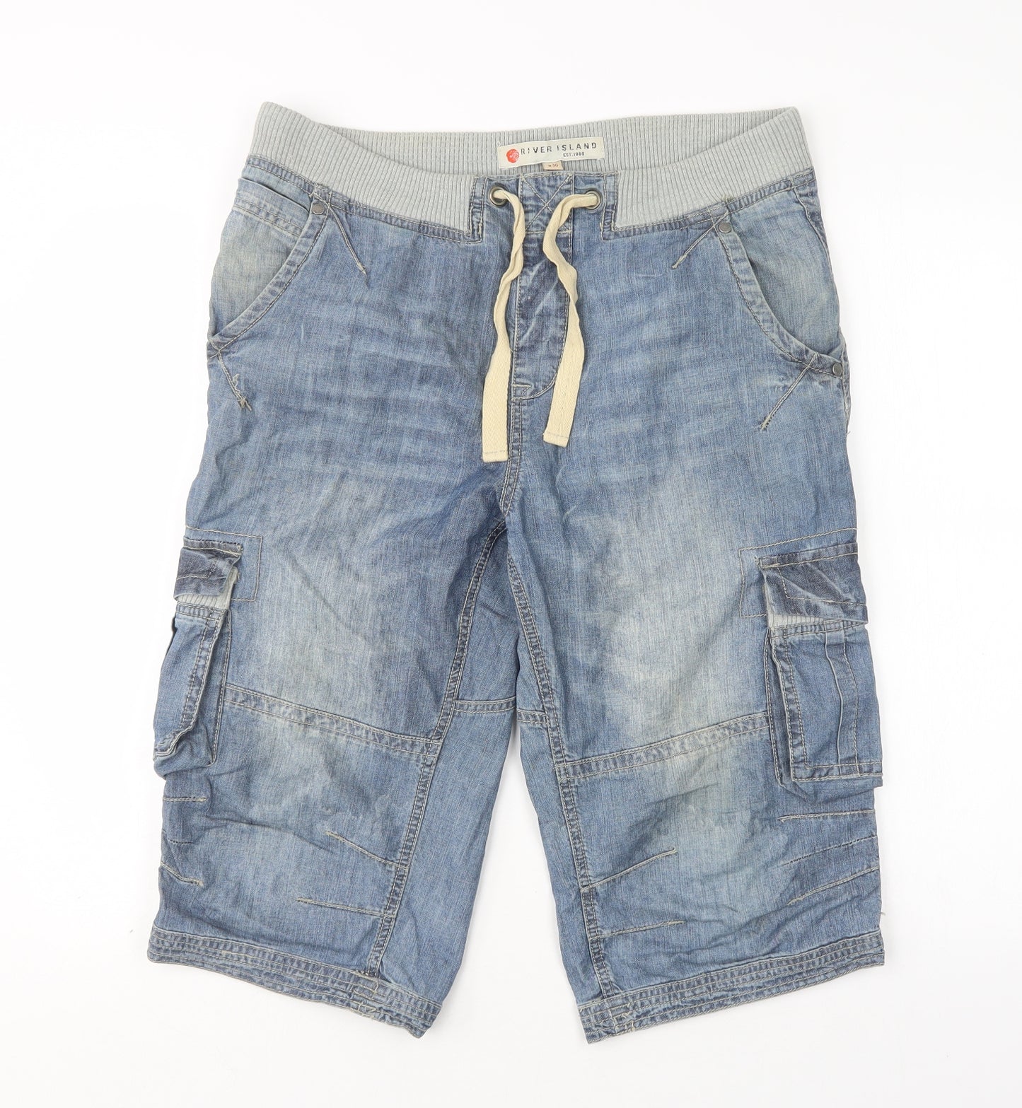River Island Mens Blue  Cotton Cargo Shorts Size 30 L16 in Regular