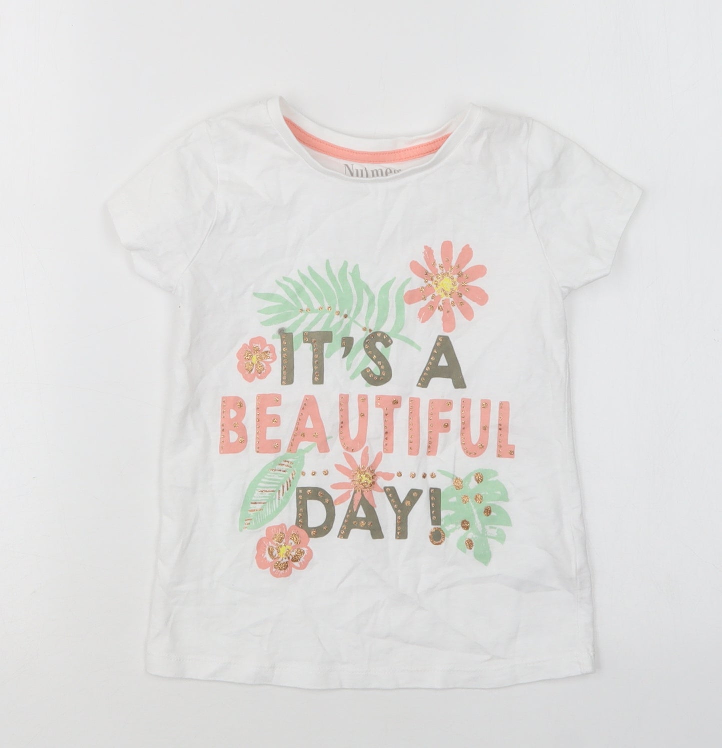 Nutmeg Girls Multicoloured Floral Cotton Basic T-Shirt Size 5-6 Years Round Neck