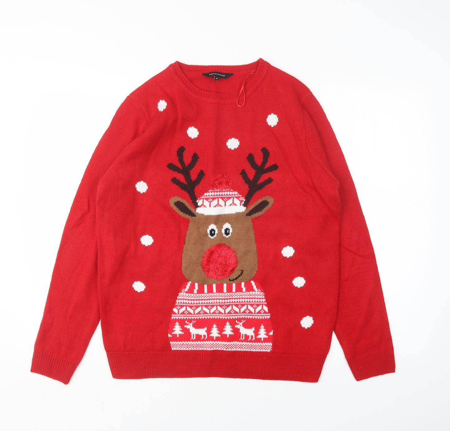 Peacocks Mens Red Round Neck Animal Print Acrylic Pullover Jumper Size M   - Christmas