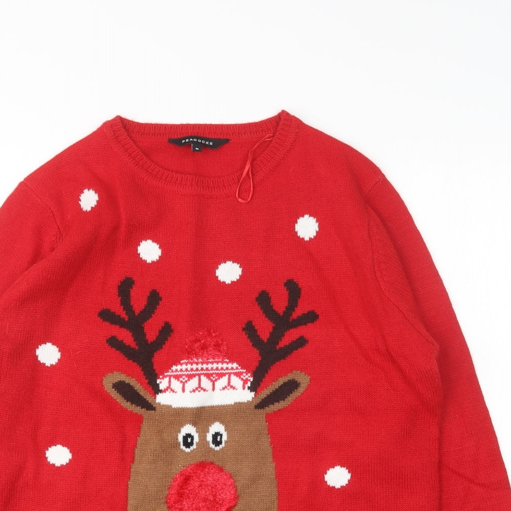 Peacocks Mens Red Round Neck Animal Print Acrylic Pullover Jumper Size M   - Christmas
