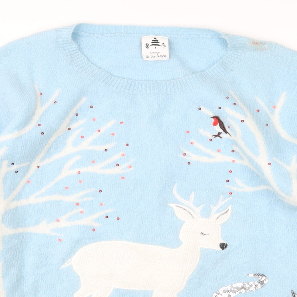 George Womens Blue Round Neck  Acrylic Pullover Jumper Size M   - Christmas