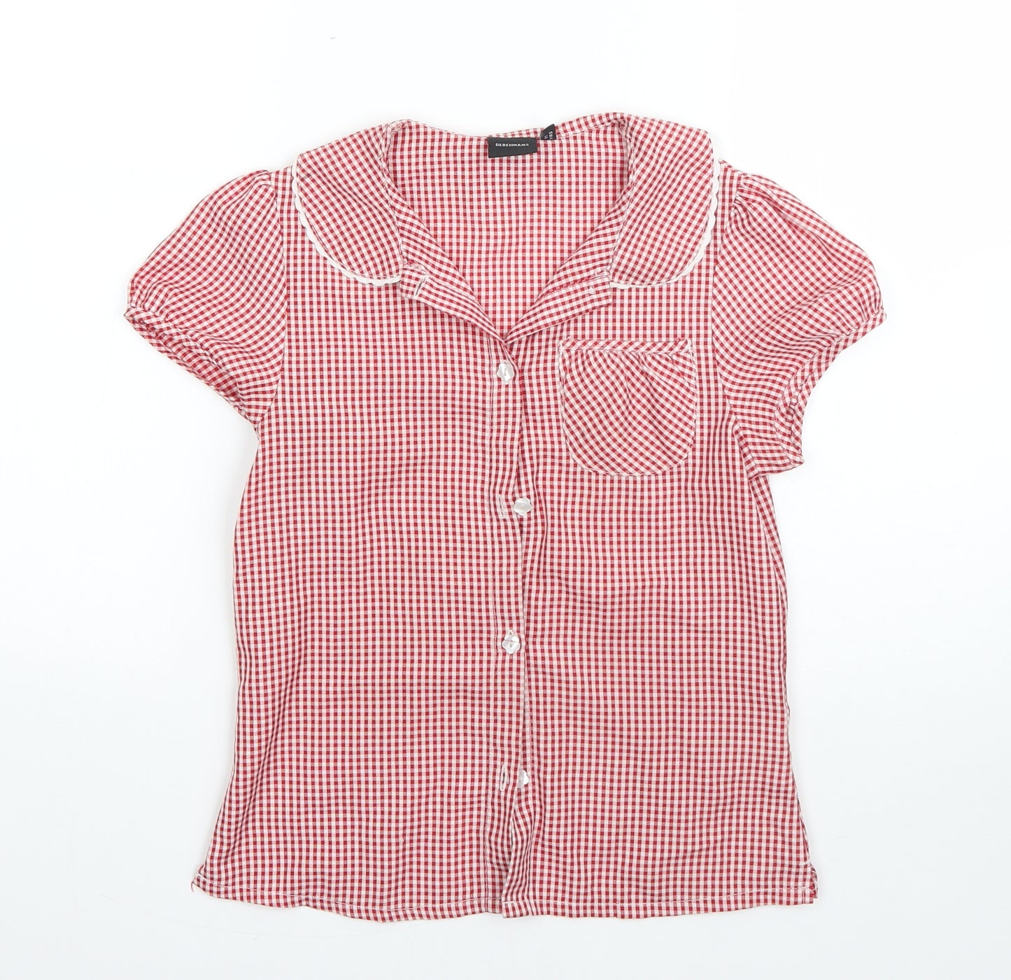 Debenhams Girls Red Check Polyester Basic Button-Up Size 11 Years Collared