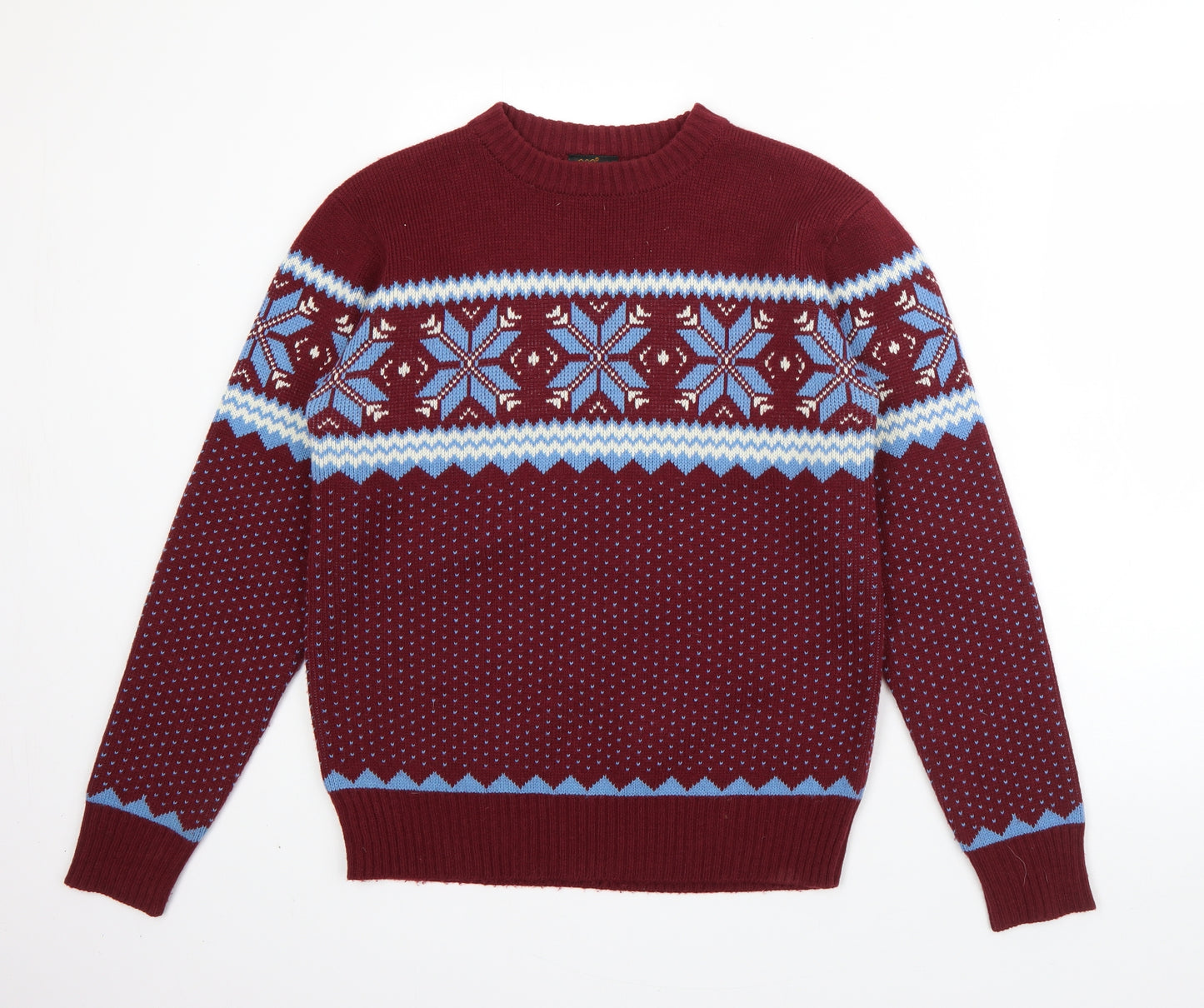 Pop England Mens Red Round Neck Fair Isle Wool Pullover Jumper Size M