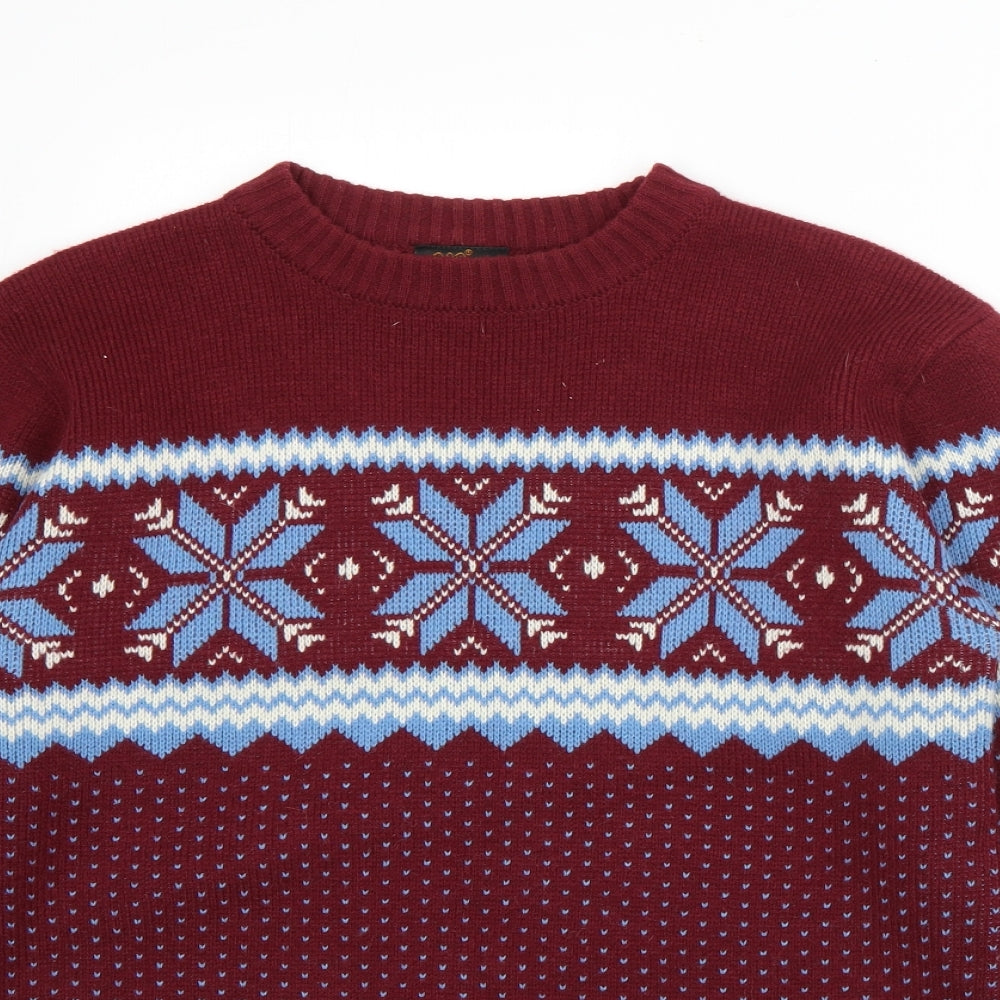 Pop England Mens Red Round Neck Fair Isle Wool Pullover Jumper Size M
