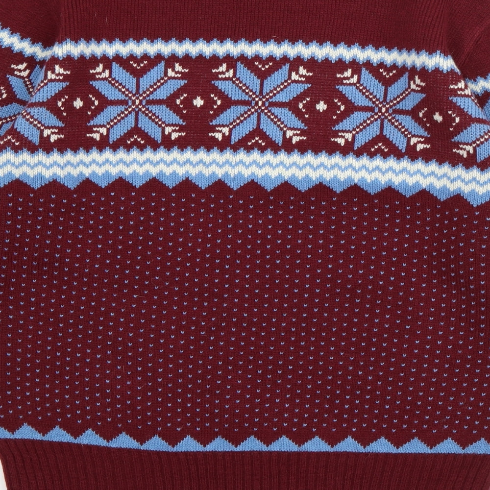 Pop England Mens Red Round Neck Fair Isle Wool Pullover Jumper Size M