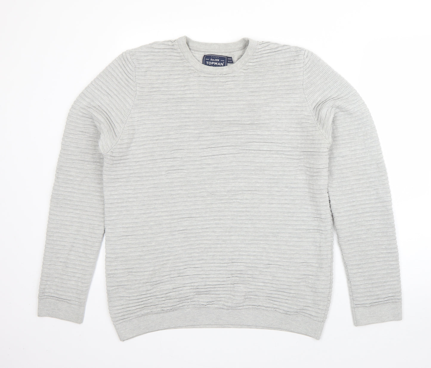 Topman Mens Grey Round Neck Striped Cotton Pullover Jumper Size M