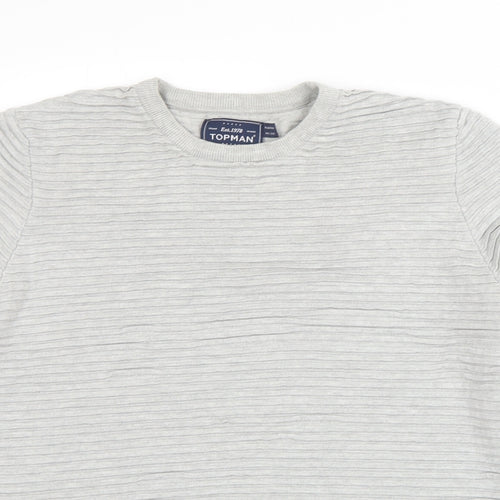 Topman Mens Grey Round Neck Striped Cotton Pullover Jumper Size M