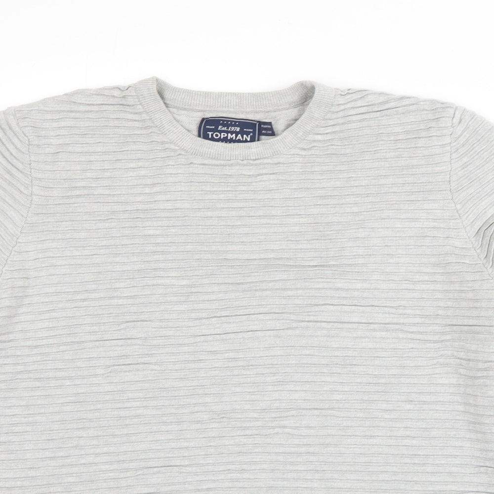 Topman Mens Grey Round Neck Striped Cotton Pullover Jumper Size M