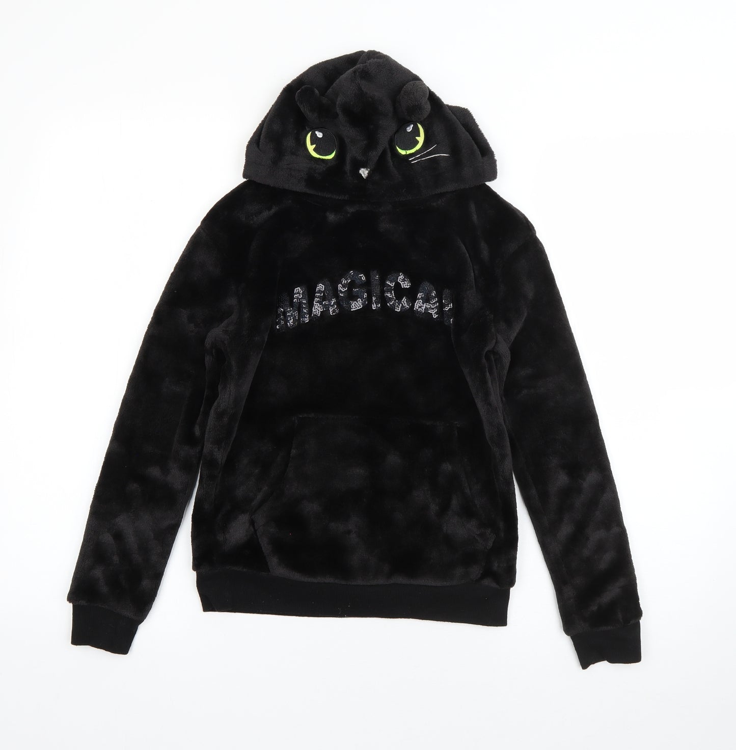 H&M Girls Black  Polyester Pullover Hoodie Size 9-10 Years   - Magical Cat