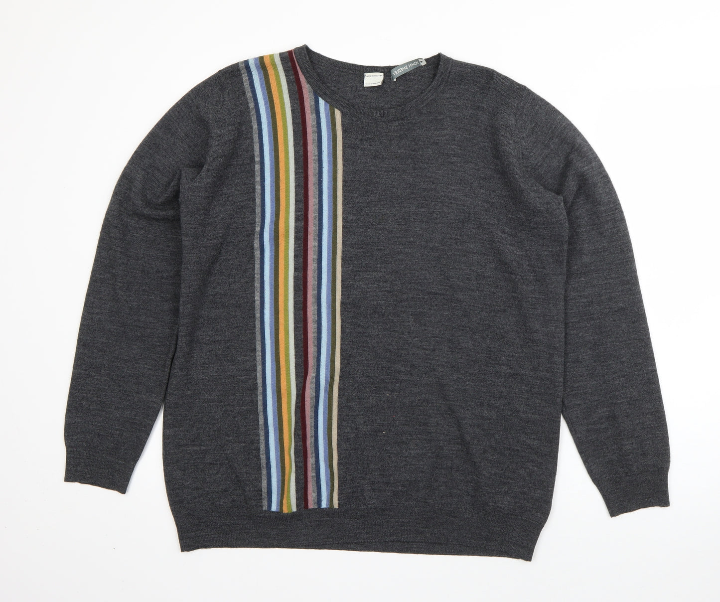 John Smedley Mens Grey Round Neck Striped Wool Pullover Jumper Size M