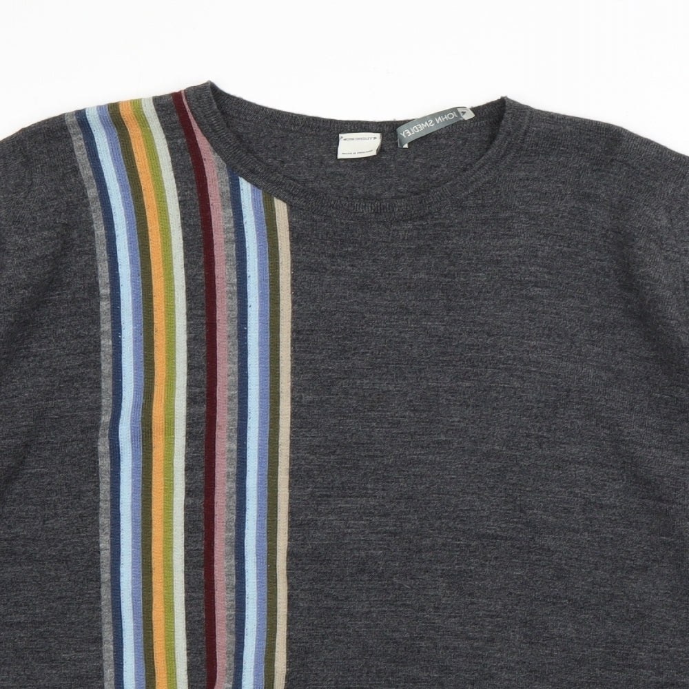 John Smedley Mens Grey Round Neck Striped Wool Pullover Jumper Size M