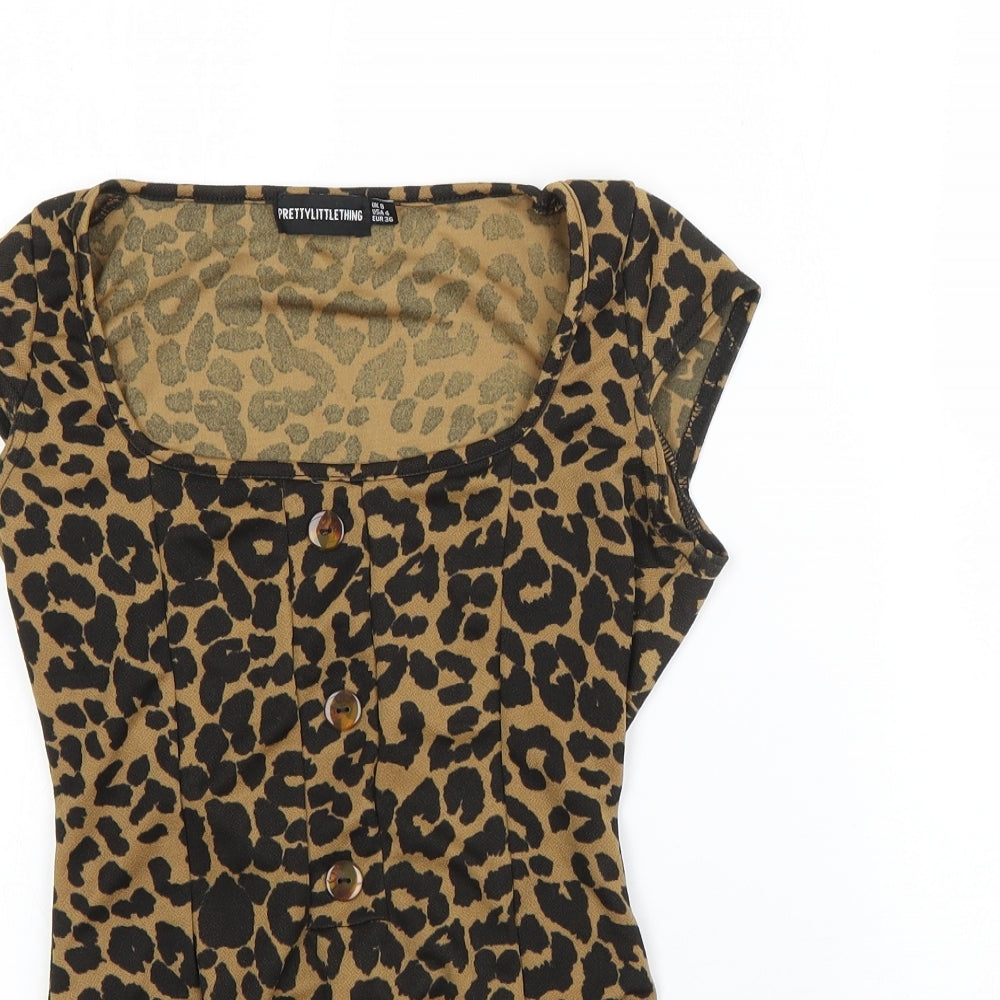 Pretty Little Thing Womens Brown Animal Print Polyester Romper One-Piece Size 8