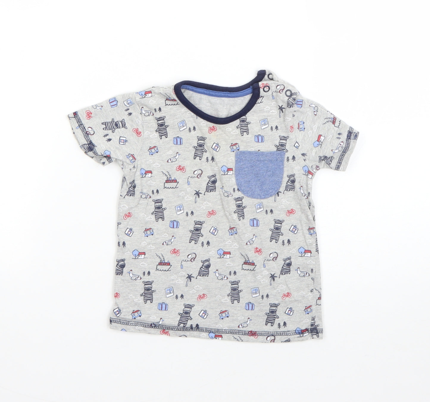 George Boys Grey  Cotton Basic T-Shirt Size 9-12 Months Round Neck  - zebra