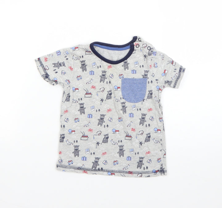 George Boys Grey  Cotton Basic T-Shirt Size 9-12 Months Round Neck  - zebra