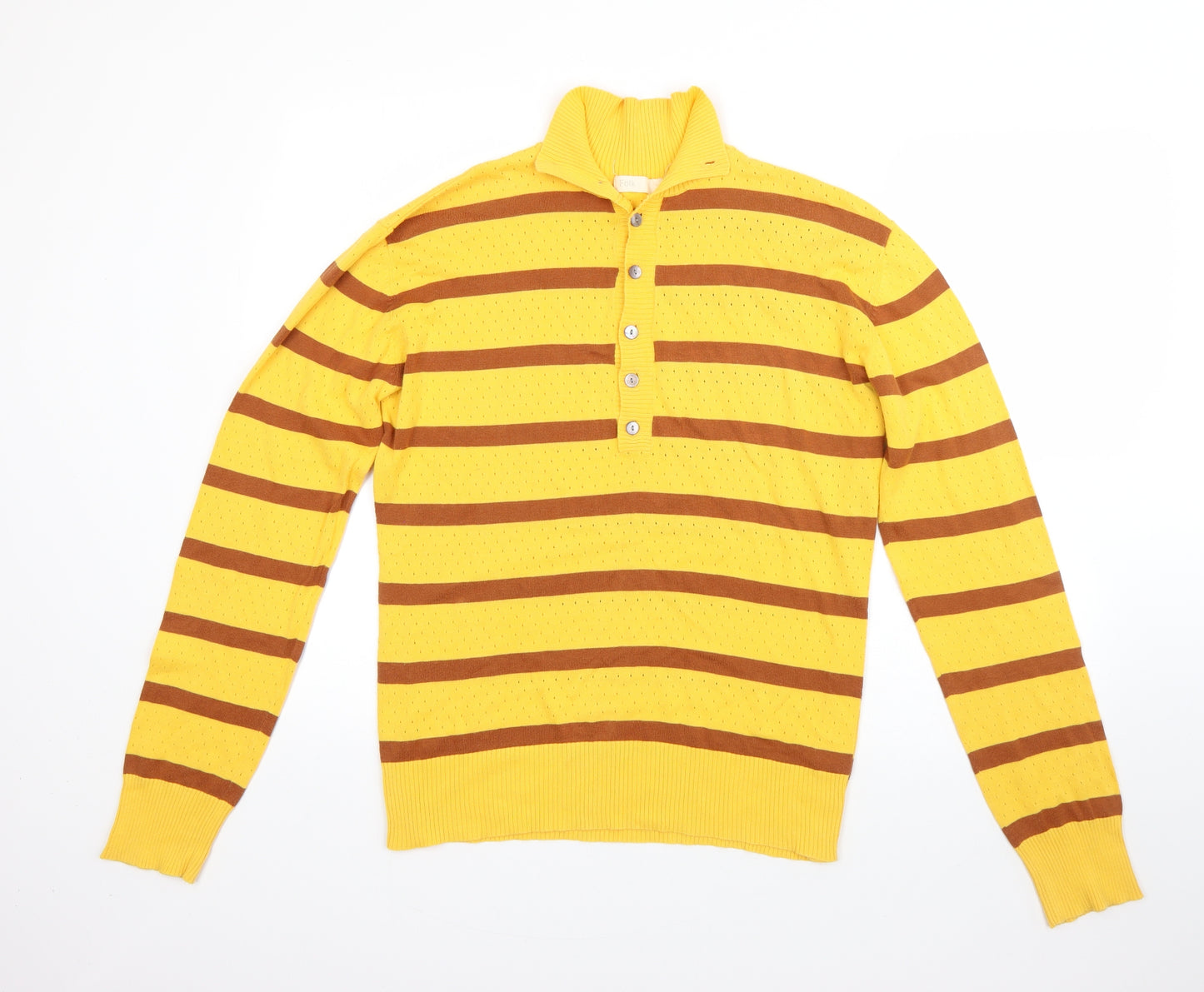 Folk Mens Yellow High Neck Striped Cotton Pullover Jumper Size XL