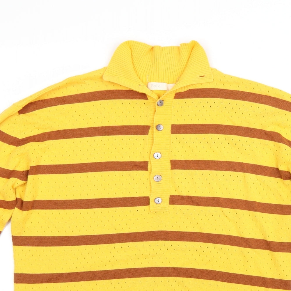 Folk Mens Yellow High Neck Striped Cotton Pullover Jumper Size XL