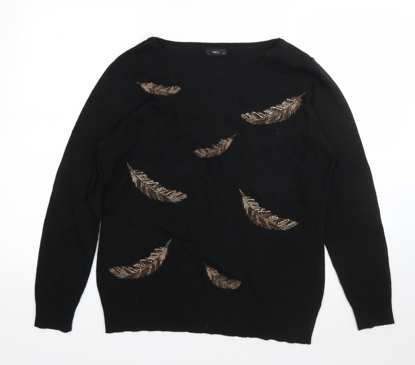 M&Co Womens Black Round Neck  Nylon Pullover Jumper Size 14   - feathers
