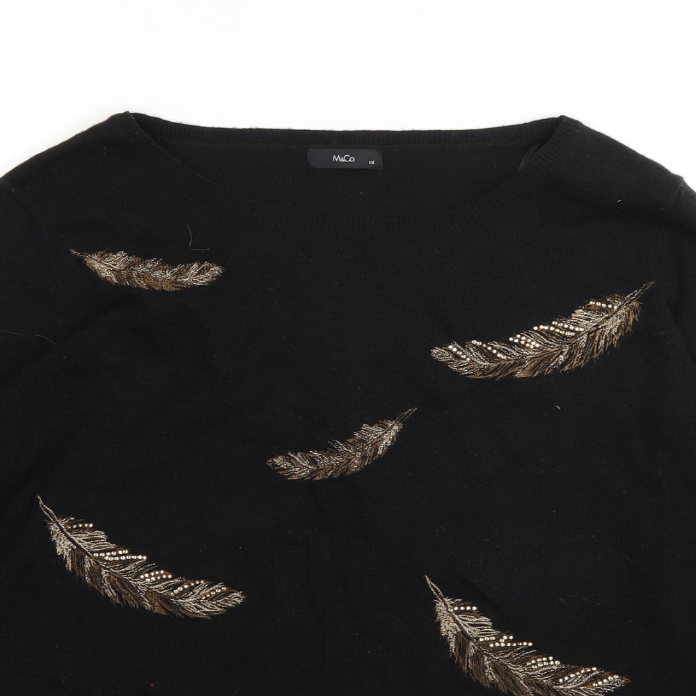 M&Co Womens Black Round Neck  Nylon Pullover Jumper Size 14   - feathers