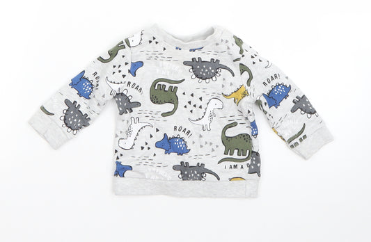 Front view of F&F boys’ grey cotton jumper, size 0-3, months - dinosaurs