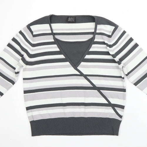 Avant Garde Womens Grey V-Neck Striped Viscose Pullover Jumper Size M