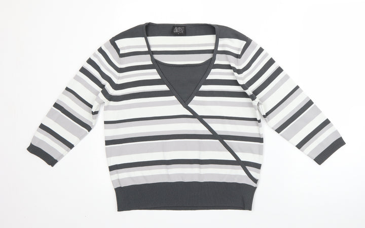 Avant Garde Womens Grey V-Neck Striped Viscose Pullover Jumper Size M