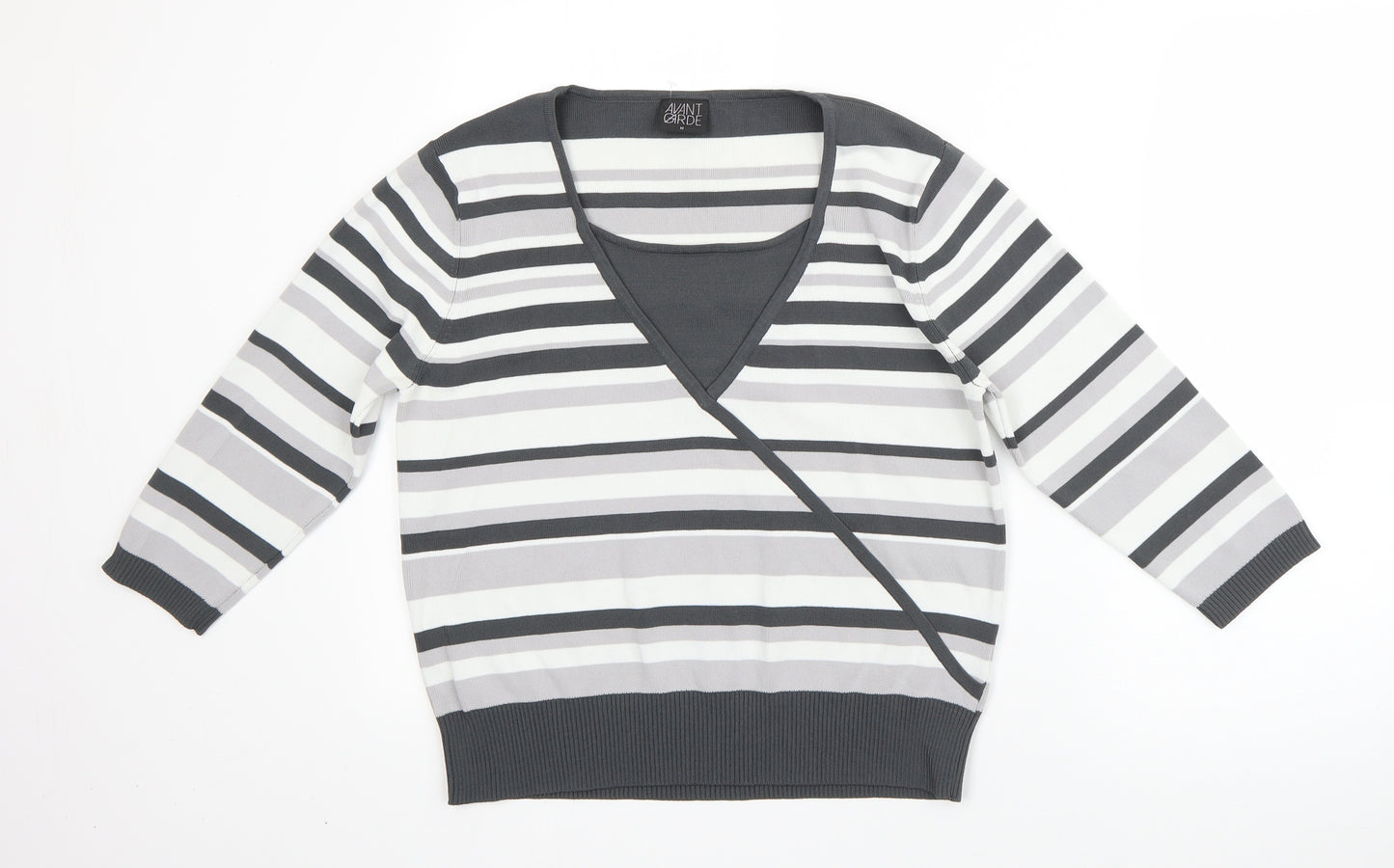 Avant Garde Womens Grey V-Neck Striped Viscose Pullover Jumper Size M