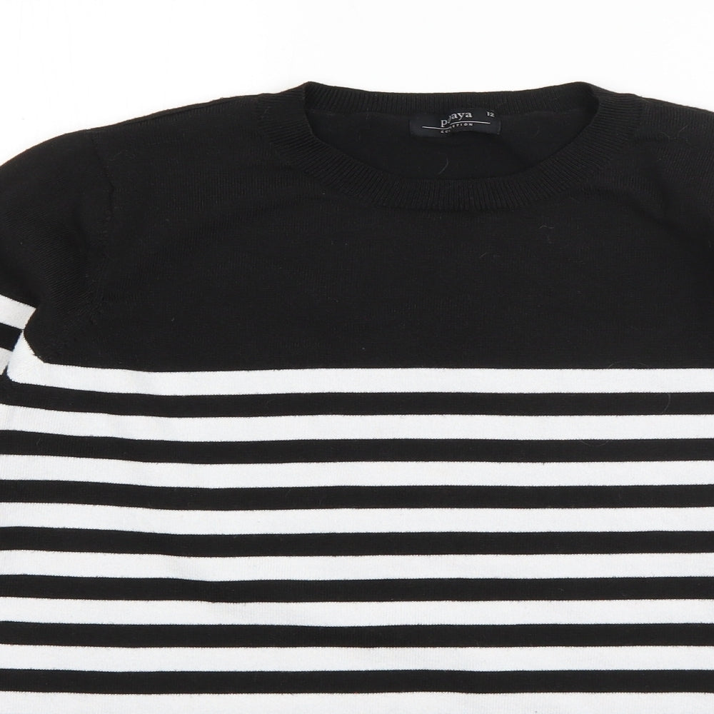 Papaya Womens Black Round Neck Striped Polyester Pullover Jumper Size 12