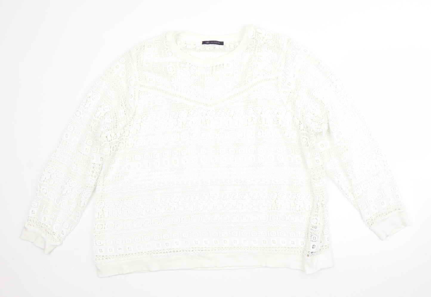 M&S Womens White Round Neck Floral Polyester Pullover Jumper Size 24