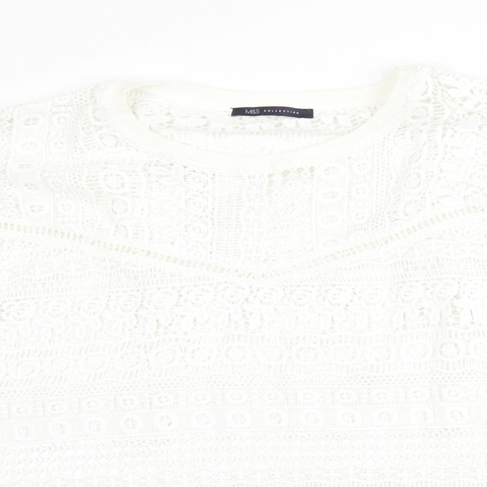M&S Womens White Round Neck Floral Polyester Pullover Jumper Size 24