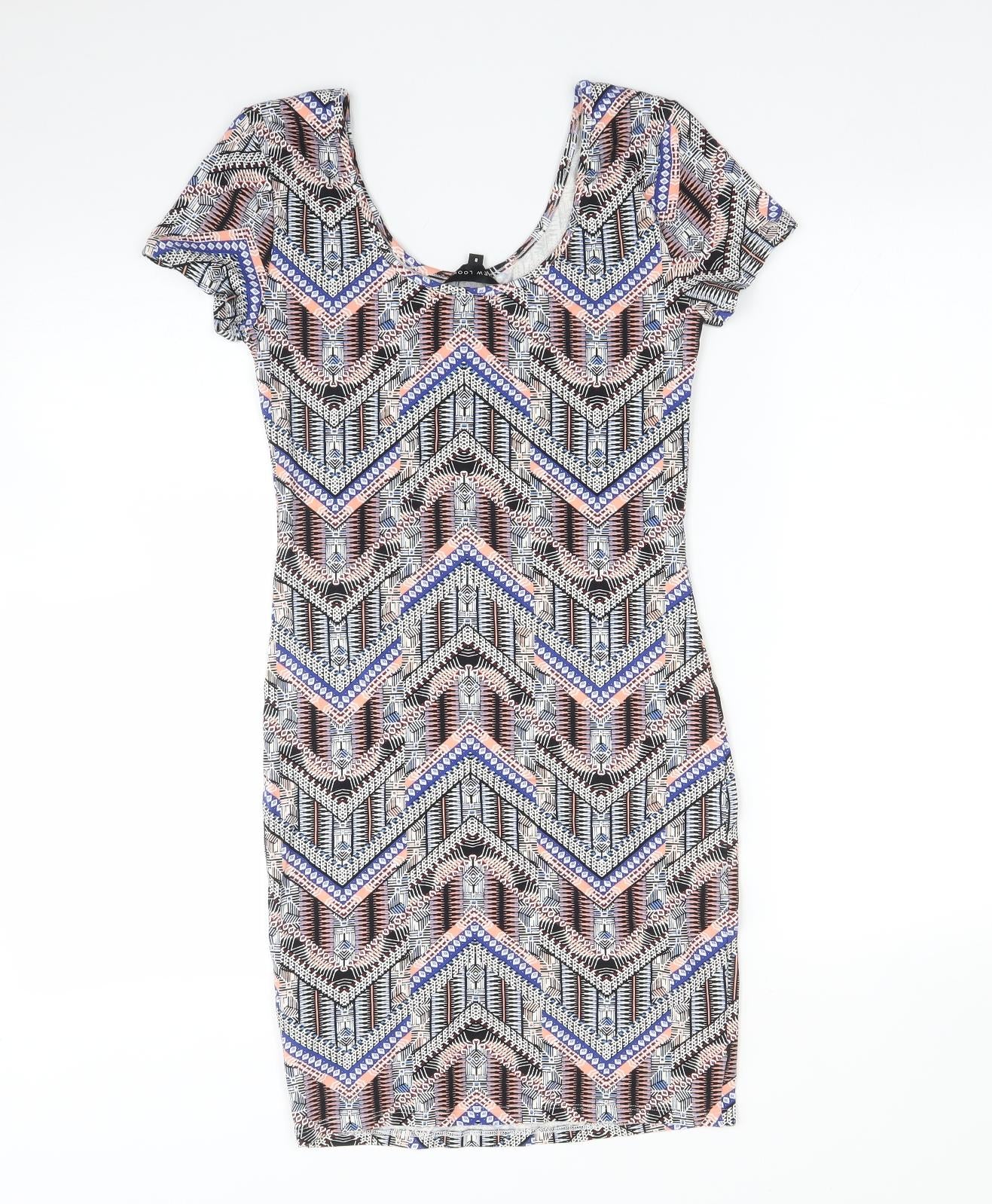 New Look Womens Multicoloured Geometric Cotton Bodycon  Size 8  Scoop Neck