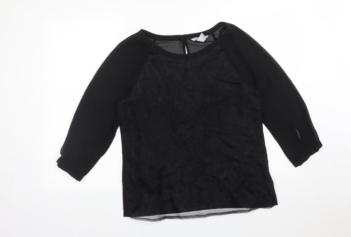 H&M Womens Black Floral Polyester Basic Blouse Size 10 Round Neck