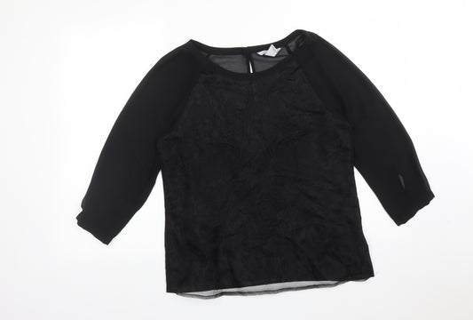 Front view of H&M women’s black floral polyester basic blouse, size UK 10, round neck