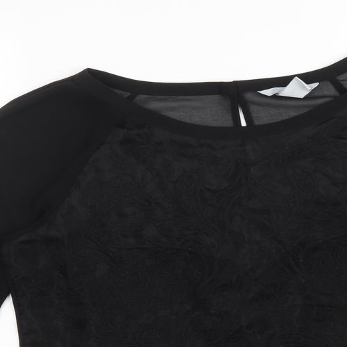 H&M Womens Black Floral Polyester Basic Blouse Size 10 Round Neck