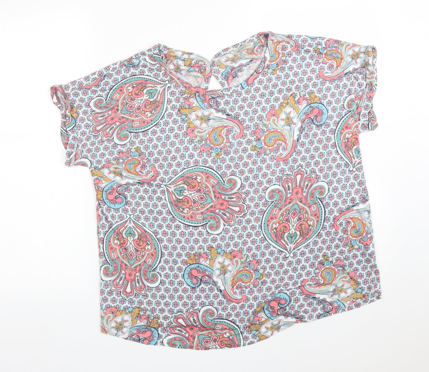 M&S Womens Multicoloured Paisley Viscose Basic T-Shirt Size 16 Round Neck