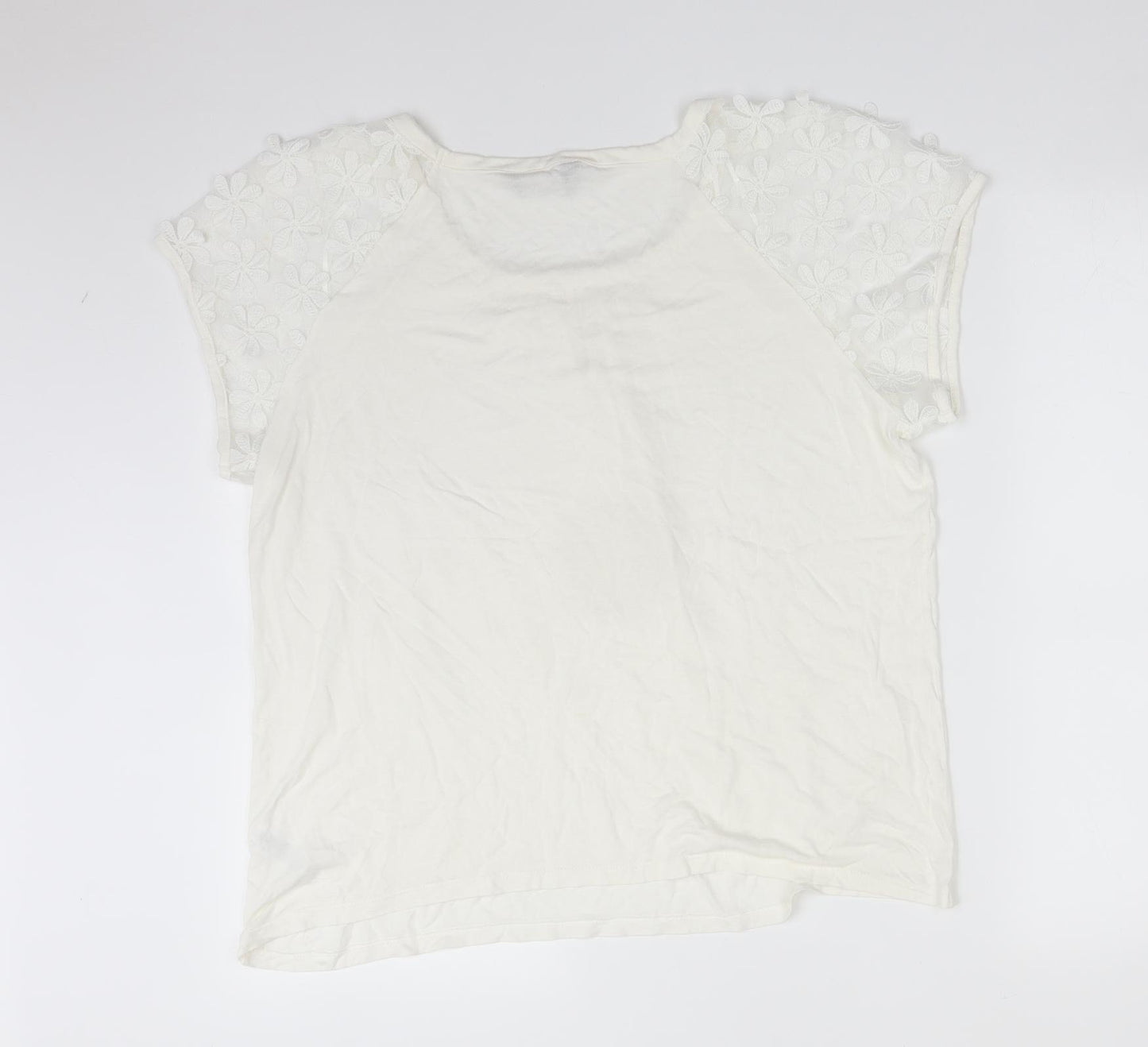 George Womens White Floral Viscose Basic T-Shirt Size 16 Round Neck