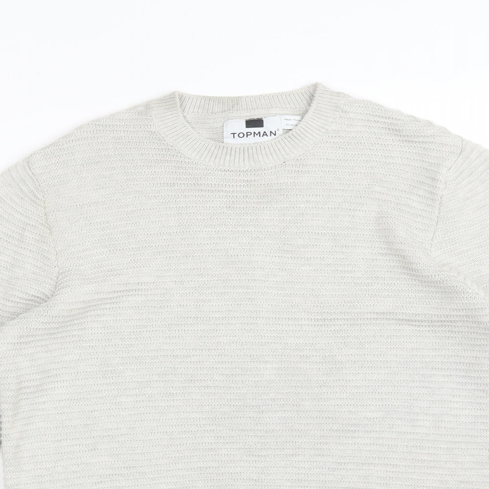 Topman Mens Grey Striped Cotton  T-Shirt Size S Crew Neck